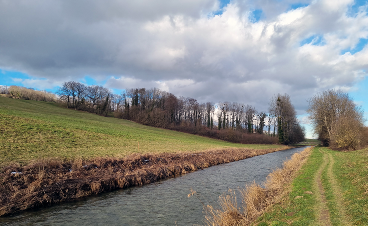Une vue de la Venoge en amont de Penthalaz. Le terrain monte sur la gauche. Quelques nuages dans le ciel. Un sentier le long de la rive gauche.