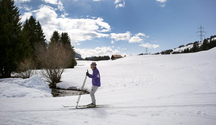 Une skieuse de fond franchissant un ruisseau aux Mosses.