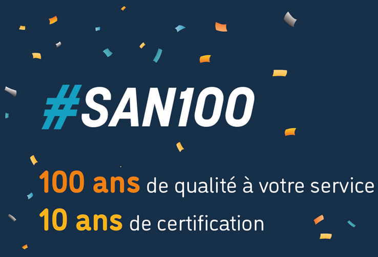 Image avec du texte (100 ans de qualité à votre service, 10 ans de certification)