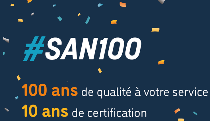 Image avec du texte (100 ans de qualité à votre service, 10 ans de certification)