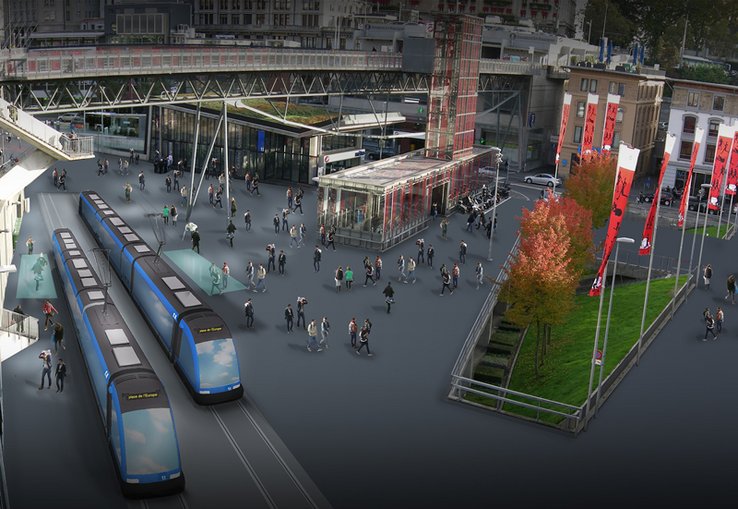 Image de synthèse de la place: tout à gauche, deux rames de tram dans l'axe de la rue de Genève. Il n'y a plus d'automobiles ni de routes sur la place. On ne voit que des piétons.