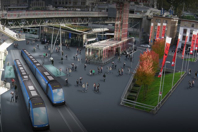 Image de synthèse de la place: tout à gauche, deux rames de tram dans l'axe de la rue de Genève. Il n'y a plus d'automobiles ni de routes sur la place. On ne voit que des piétons.