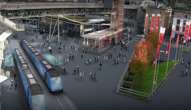 Image de synthèse de la place: tout à gauche, deux rames de tram dans l'axe de la rue de Genève. Il n'y a plus d'automobiles ni de routes sur la place. On ne voit que des piétons.