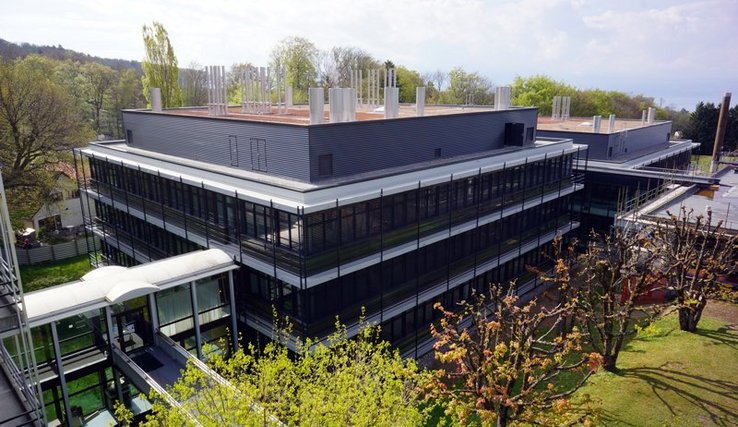 Vue du bâtiment entouré de végétation.