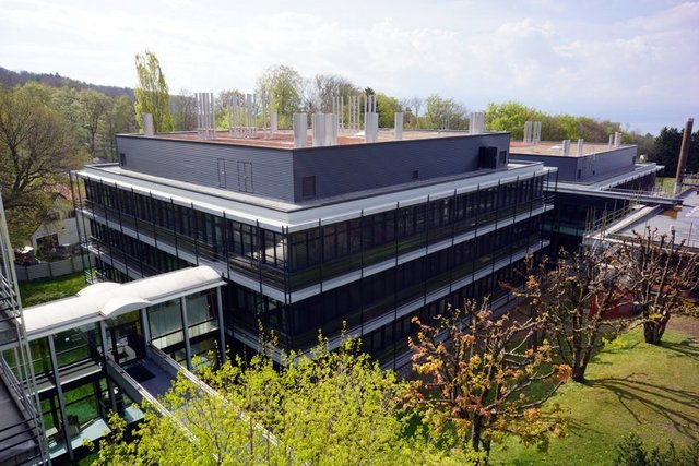 Vue du bâtiment entouré de végétation.