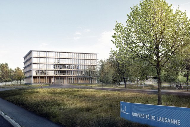 Vue d'architecte du futur bâtiment au bord de la route du lac.