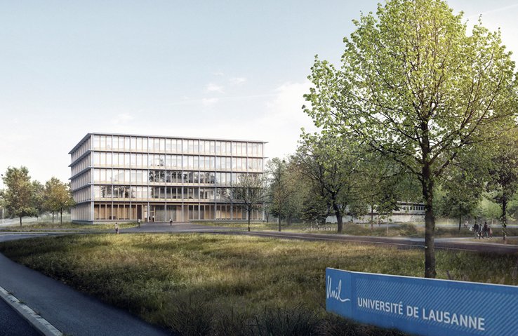 Vue d'architecte du futur bâtiment au bord de la route du lac.