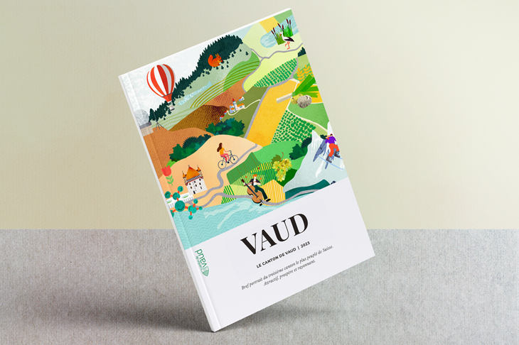 Couverture de la brochure: illustration (paysage, rive de lac, violoncelliste, vélo, châteaux, nature, animaux, mongolfière dans le ciel)