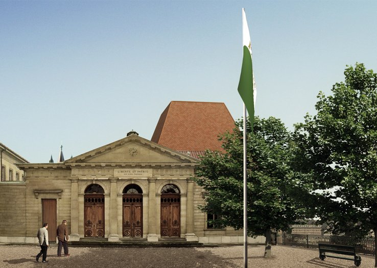 Image de synthèse: le futur parlement vu l'Esplanade du Château.