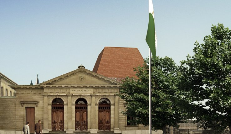 Image de synthèse: le futur parlement vu l'Esplanade du Château.