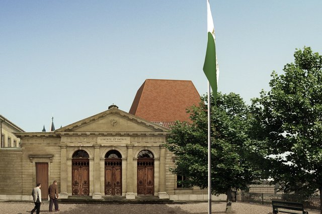 Image de synthèse: le futur parlement vu l'Esplanade du Château.