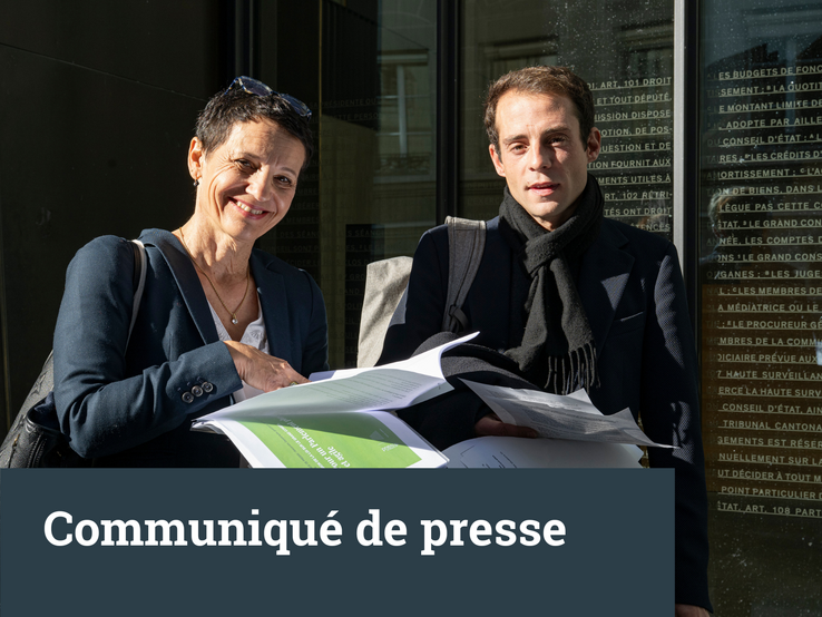 Carole Dubois et Alexandre Démétriadès devant la porte d'entrée du Parlement