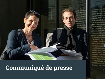 Carole Dubois et Alexandre Démétriadès devant la porte d'entrée du Parlement