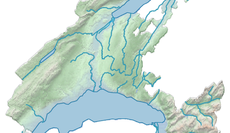 Carte du canton de Vaud avec les lacs et les rivières