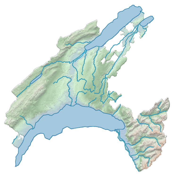 Carte du canton de Vaud avec les lacs et les rivières
