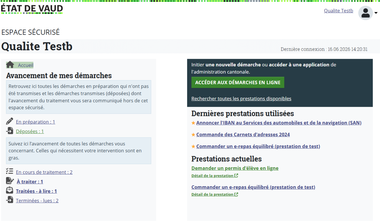 Image de la page d'accueil de l'espace personnel