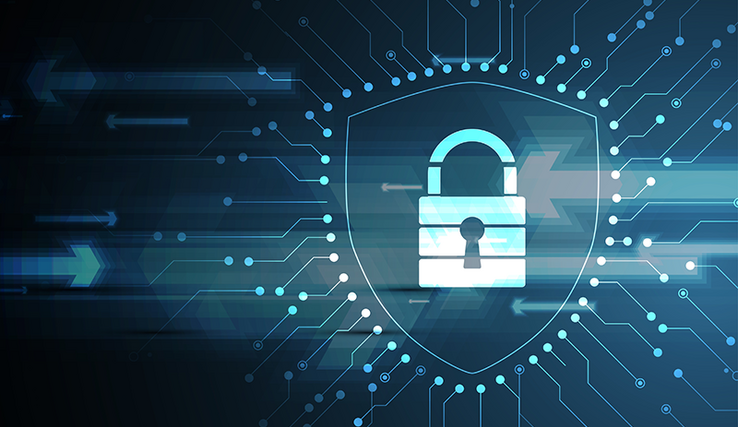 La convention permettra de répondre aux cyberattaques de manière adéquate grâce à l’appui d’experts du domaine. illustration: un cadenas entouré d'un bouclier au centre de l'image, dessinée en forme de circuit imprimé.