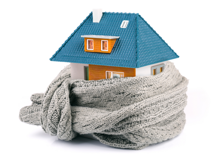 Illustration: une maison au toit bleu entourée d'une grosse écharpe en laine grise
