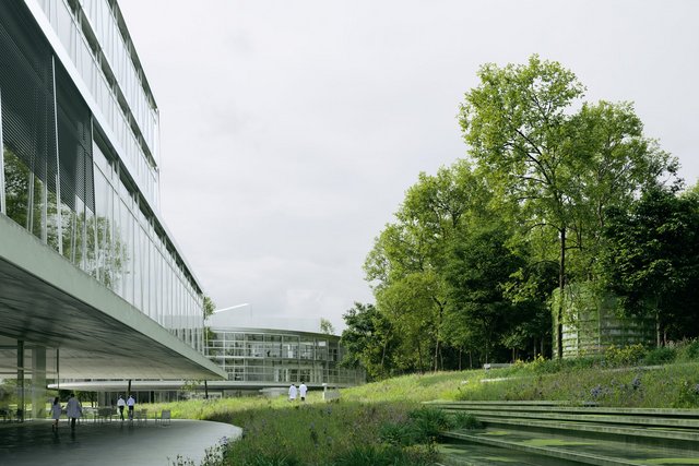 Campus santé au second plan avec le bâtiment de l'HESAV