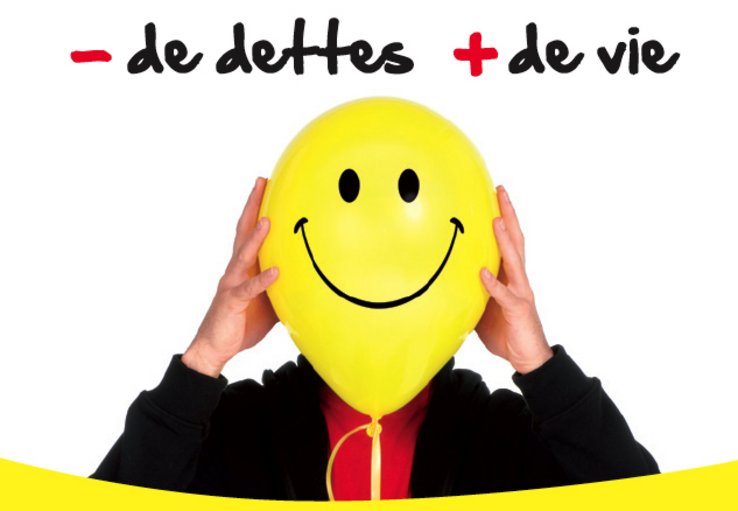 visuel montrant un homme à tête de ballon en baudruche et texte "- de dettes, + de vie"