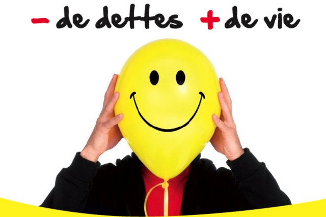 visuel montrant un homme à tête de ballon en baudruche et texte "- de dettes, + de vie"