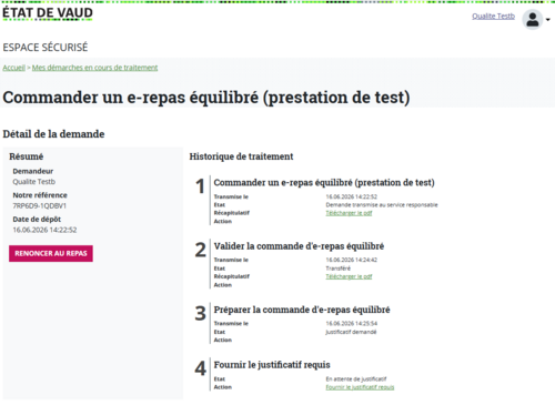 Détail du traitement d'une demande Detail d'une demande en cours