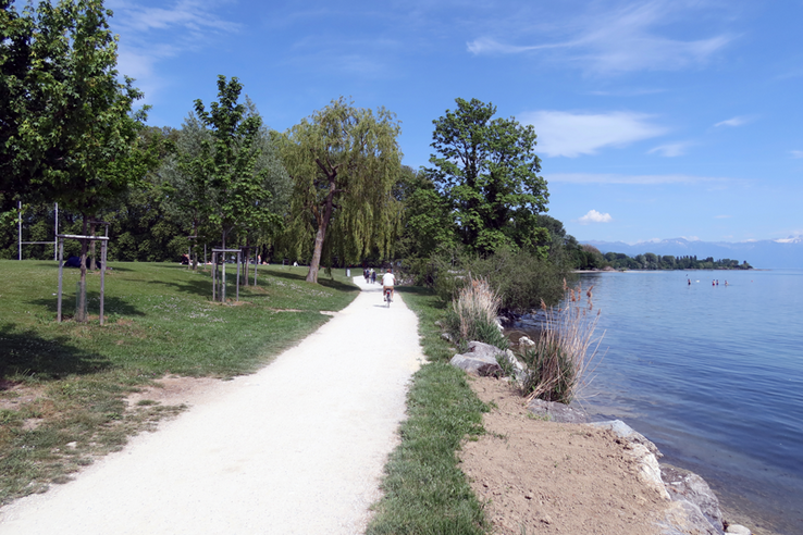 le chemin pédestre de la rive, avec le lac et ses enrochements actuels à droite, un jour de très beau temps. Un vélo s'éloigne. 