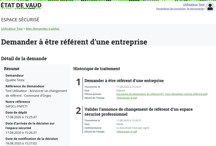 Première partie de la page de détail d'une demande de prestation fermée