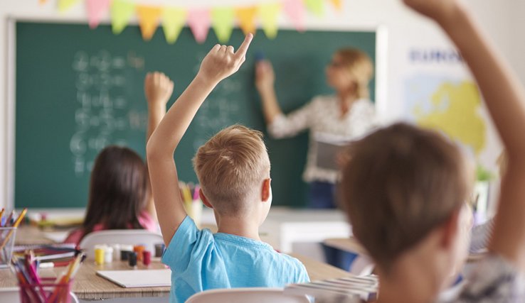 élèves en classe vus de dos levant la main