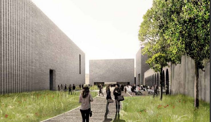 Image de synthèse: le bâtiment de la halle aux locomotives intégré dans un volume plus grand. Une nouvel espace est ouvert au public.