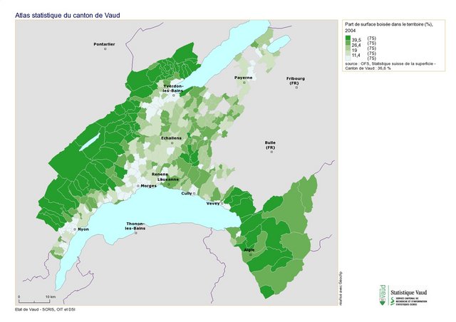 Carte du canton de Vaud montrant la part de surface boisée dans chaque commune