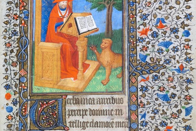 Saint-Jérôme en robe rouge, assis et écrivant. A ses pieds, un lion lui présente quelque chose. La page est garnie de fleurs. Quelques lignes de texte en latin avec une grande lettrine. Des couleurs très vives.