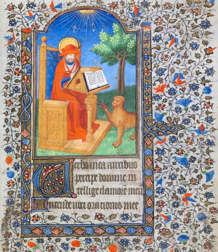 Saint-Jérôme en robe rouge, assis et écrivant. A ses pieds, un lion lui présente quelque chose. La page est garnie de fleurs. Quelques lignes de texte en latin avec une grande lettrine. Des couleurs très vives.