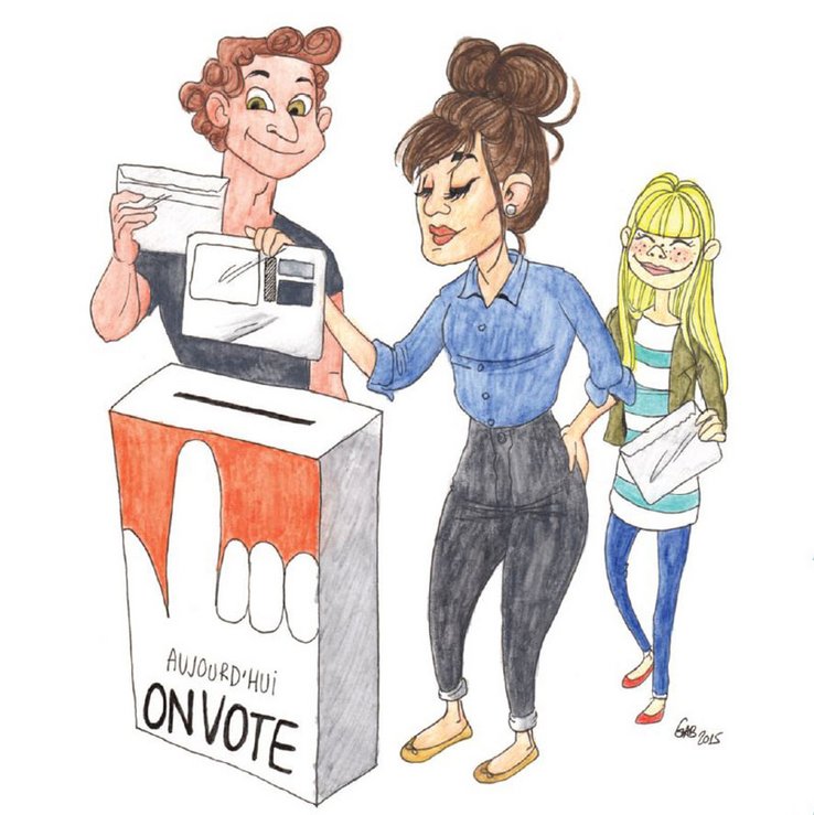 Dessin de la brochure: trois personnes avec une enveloppe de vote et une urne.