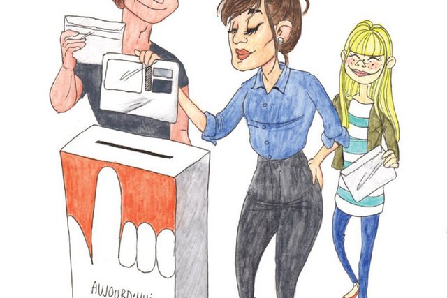 Dessin de la brochure: trois personnes avec une enveloppe de vote et une urne.