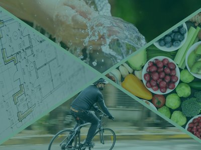 Un rectangle formé de 4 triangles représentant respectivement un plan d'architecture, une personne à vélo, une séléction de fruits et légumes et une personne en train de se laver les mains
