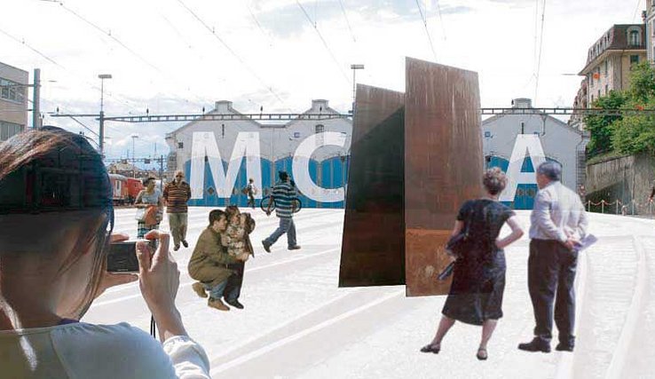 photomontage: différentes personnes sur le parvis de la halle aux locomotives de Lausanne, sur les portes desquelles on lit les lettres M C B A