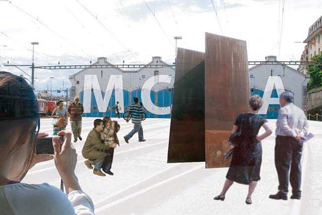 photomontage: différentes personnes sur le parvis de la halle aux locomotives de Lausanne, sur les portes desquelles on lit les lettres M C B A