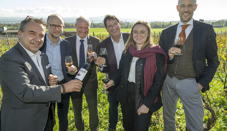 Les personnages dans une vigne, en train de déguster des verres de vin.