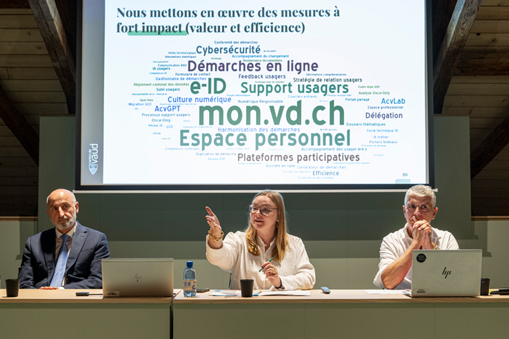 Les personnes sont assises à table durant la conférence de presse. Derrière elles, un grand écran affiche un nuage de mots clés (mon.vd.ch, espace personnel, démarches en ligne...)