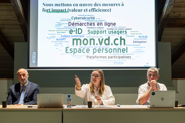 Les personnes sont assises à table durant la conférence de presse. Derrière elles, un grand écran affiche un nuage de mots clés (mon.vd.ch, espace personnel, démarches en ligne...)