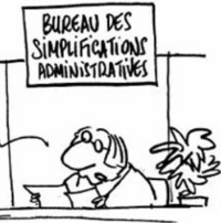 dessin montrant un homme derrière un guichet à l'enseigne de "Bureau des simplifications administratives"