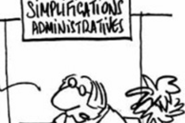 dessin montrant un homme derrière un guichet à l'enseigne de "Bureau des simplifications administratives"