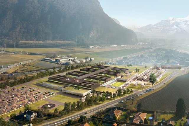 Vue aérienne de synthèse du futur hôpital.