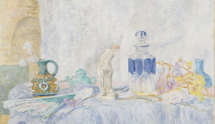 Image de l'huile sur toile de James Ensor "nature morte au tanagra et au flacon (Le petit tanagra)