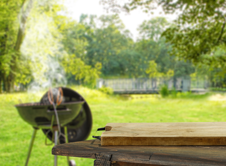 Un gril de type barbecue fume dans un espace vert en bordure de forêt