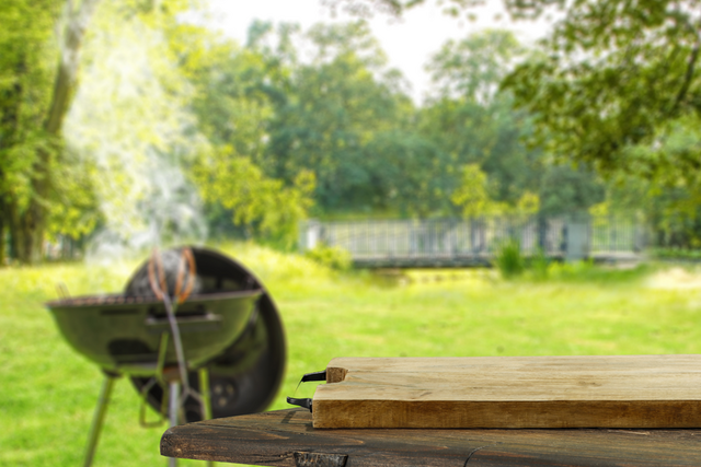 Un gril de type barbecue fume dans un espace vert en bordure de forêt