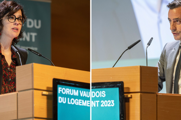 Photos juxtaposées de madame Luisier Brodard et de monsieur Venizelos lors de leurs discours respectifs. 