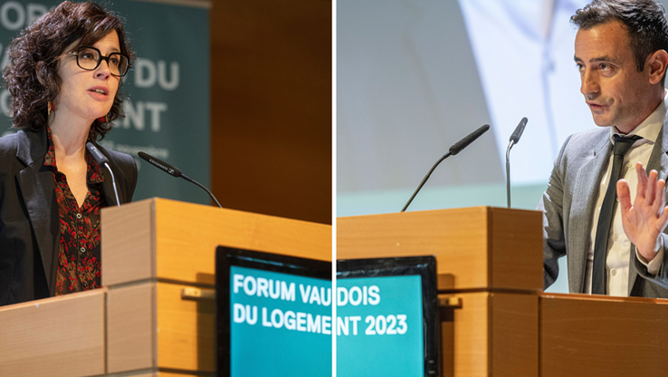 Photos juxtaposées de madame Luisier Brodard et de monsieur Venizelos lors de leurs discours respectifs. 