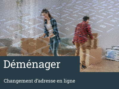 Jeune couple déménageant, en surimpression, un clavier d'ordinateur